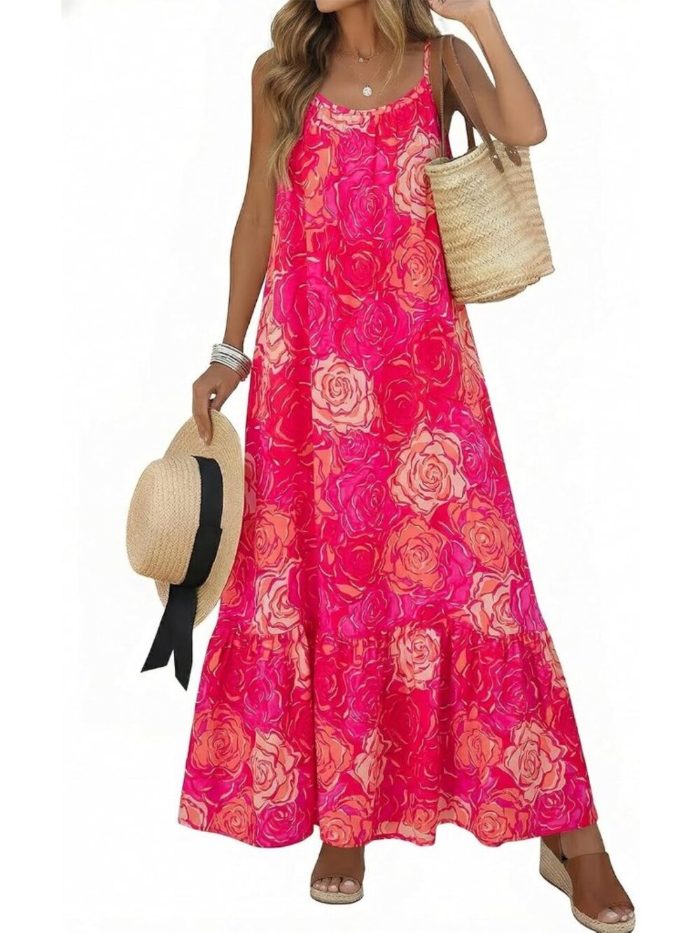 〽️Women's Rose Floral Maxi Dress Scoop Neck Ruffle Hem Boho Summer Sundress